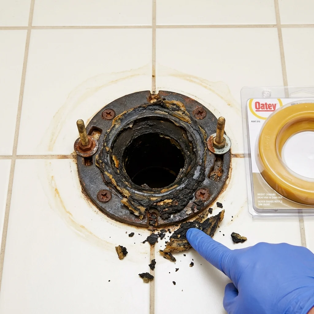 Failed wax ring showing water seepage at the base of a toilet in a New London, MO home