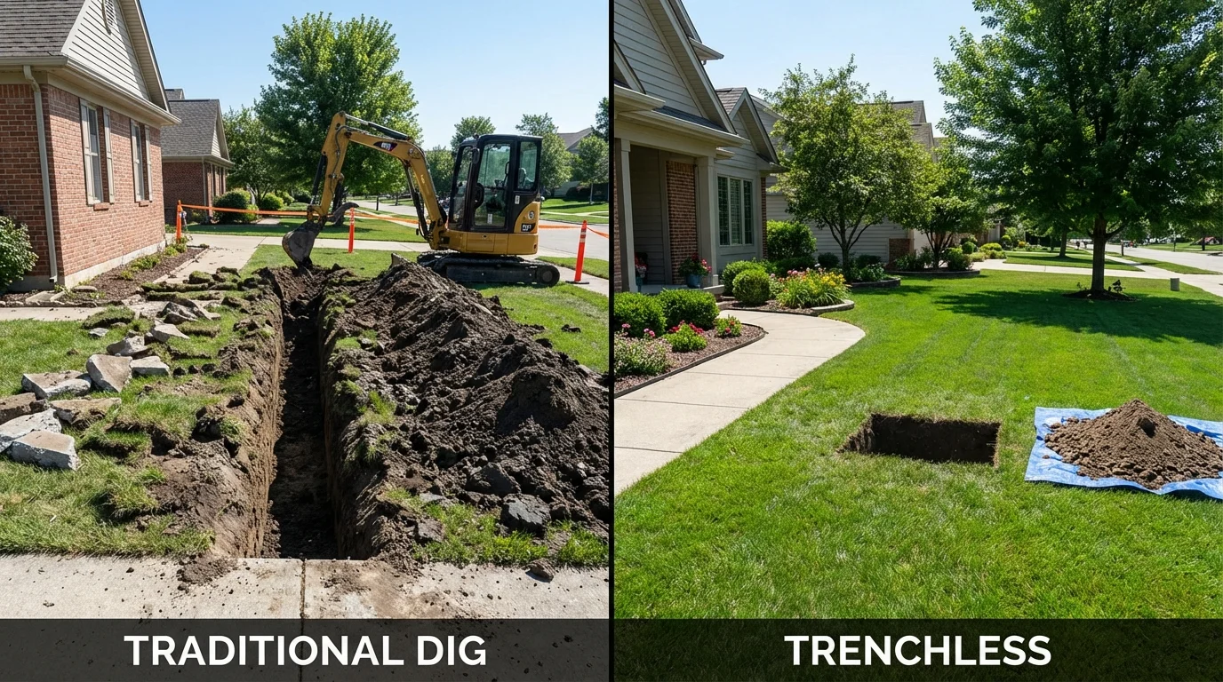 Trenchless sewer repair with minimal yard damage versus traditional excavation in New London, MO