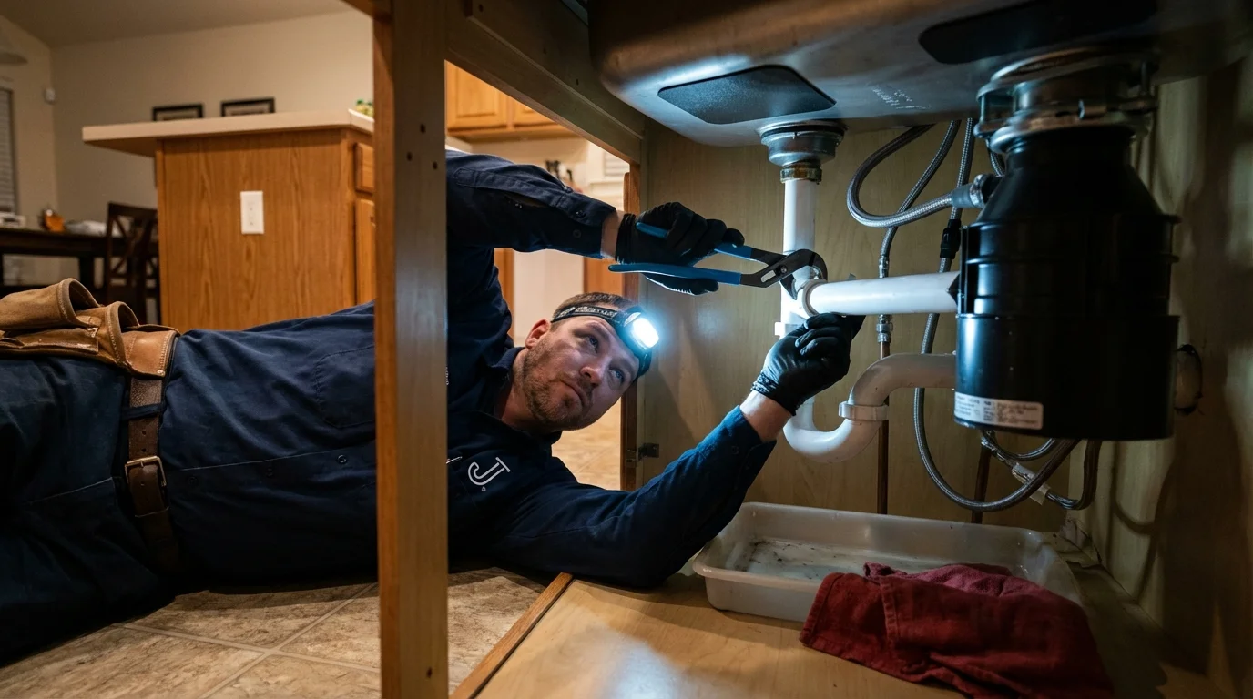 P-trap and supply line connections under a kitchen sink showing a common leak point in New London, MO